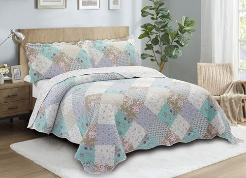 Brilliant Sunshine Blaue und grüne Rose Patchwork, 3-teiliges Steppdecken-Set mit 2 Kissenbezügen, wendbare Tagesdecke, weiche, leichte Decke, Ganzjahresdecke, Kingsize, Blaugrün
