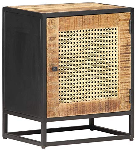 Vopese bedside cabinet, rustic mango wood and natural cane nightstand 40x30x50 cm with iron frame storage unit for bedroom living room