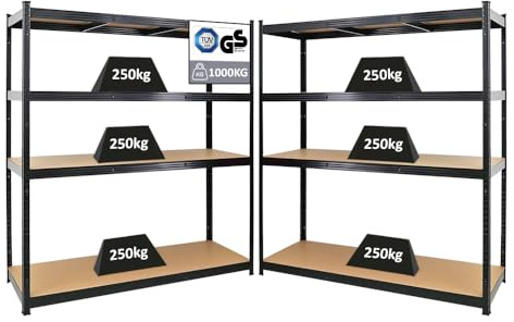 PROREGAL Mega Deal 2X Schwerlastregal Taurus XL mit TÜV/GS Zertifizierung 180x160x60cm mit Fachlast 250kg Schwarz Kellerregal, Steckregal, Garagenregal, Lagerregal