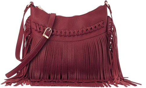 Fecialy Vintage Fransen Hobo-Taschen für Frauen PU Leder Quaste Crossbody Umhängetasche Western Fransen Geldbörse