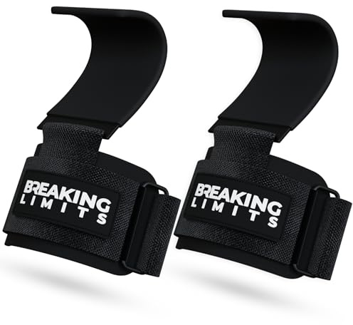 Breaking Limits Zughilfen Haken Krafttraining - Gewichtheberhaken - Zughaken für Gym, Fitness, Gewichtheben & Weightlifting - Power Hook Herren & Frauen - Lifting Straps - Zughilfe mit Haken (Schwarz)