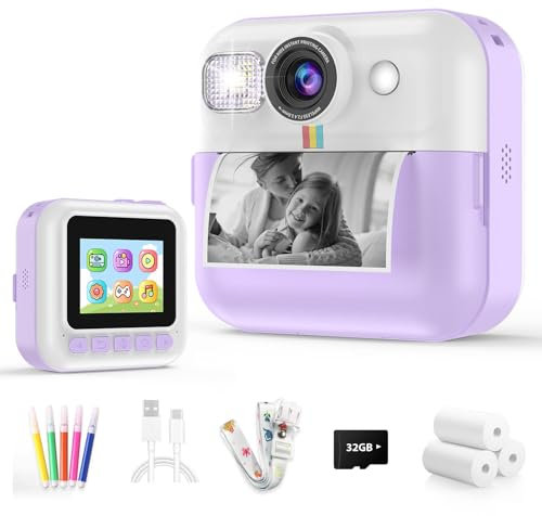 Luoba Kinderkamera Sofortbildkamera, 1080P Digitalkamera mit 32GB Karte, 2.4” HD-Bildschirm, Kinderkamera mit Sofortdruck, Geschenk für Mädchen und Jungen ab 3 Jahren