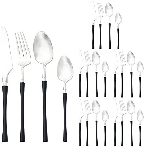 Ensemble de couverts 24 pièces - Service for 6 couteaux, fourchettes, cuillères en acier inoxydable, design mat, ustensiles de table élégants for manger, servir for et l'hôtel, bords lisses noir argen