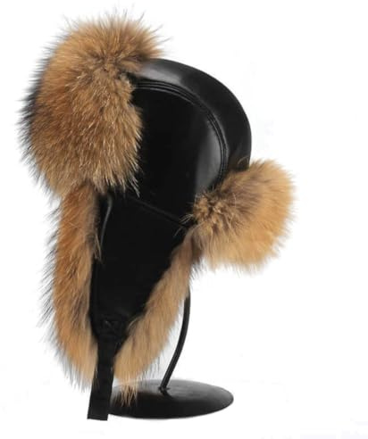 MERRYLAND Pilotmössa, äkta päls, mössa, läder, unisex, pilotmössa, rysk hatt, äkta päls, läder, trappermössa, handgjord pälsmössa, Ushanka, pälsmössa, äkta päls, tvättbjörn, raccoon, päls, naturbrun,