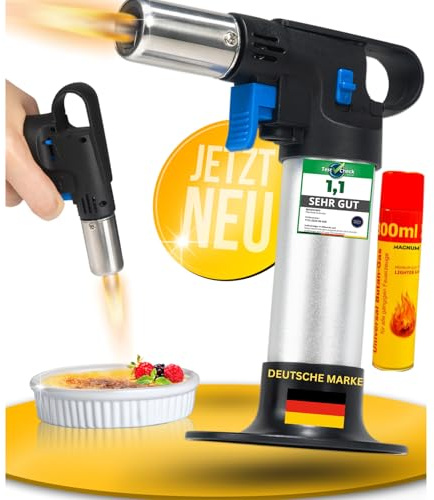 MAGNUM® Flambierbrenner [inkl. 300 ml Gas ] 1300 ∘C – Premium Creme Brulee Brenner, nachfüllbar mit Sicherung – Ideal zum Karamellisieren, Flambieren & Bräunen