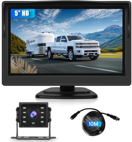 VECHTEL Caméra de Recul avec Moniteur IPS HD 5 Pouces et 1 Caméras, Étanche IP68 Vision Nocturne IR, Caméra de Recul pour Voitures Camion Bus Camping Remorque, Câble de 10m