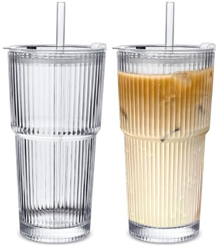 Wieat Glass Tumblers, 2Pcs Ribbed Tumblers with Lids and Glass Straws, Drinking Jars, Leakproof Cups for Iced Coffee, Cocktail, Tea, Smoothie (550ML)