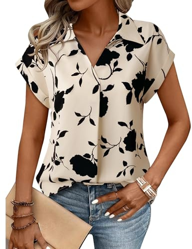 Gaharu Womens Short Sleeve Tops: Collared V-Neck Office Blouse - Breathable Business Shirts for Women - Spring Summer Workwear Essentials Floral Apricot,M