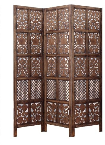 iAnanas Paravent aus Massivem Mangoholz & MDF – Handgefertigter 3-teiliger Sichtschutz für Balkon, Wohnzimmer, Schlafzimmer & Büro, Platzsparend, Braun (145 x 2 x 180 cm)