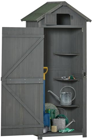 Outsunny Armario de Jardín de Madera 77x54,2x179 cm 0,3 m² Cobertizo para Almacenaje de Herramientas con 3 Estantes y 2 Puertas con Cerrojo para Patio Terraza Gris y Verde