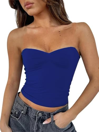 FOFAINWE Top da donna, sexy, senza spalline, a tubino, con schienale scoperto, fascia, senza maniche, basic, per uscire, estivo, tank top, blu reale, XS