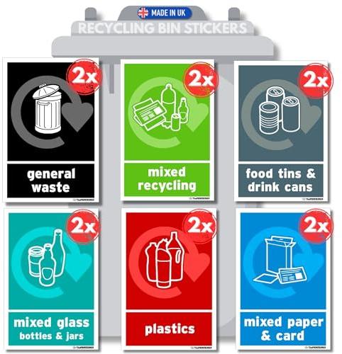 Recycling Stickers for Bins 12x pack - 6 Design, 100mm x 150mm, Self-Adhesive Vinyl Stickers, Waterproof Decals, Indoor Outdoor Recycle Signs – Food Waste, Made in UK.