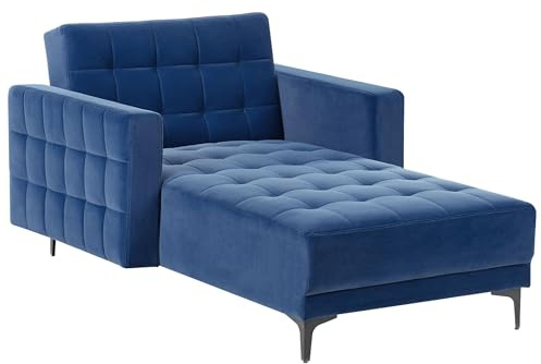 Beliani Chaiselongue Samt blau gesteppt Schlaffunktion Metallgestell schwarz Aberdeen