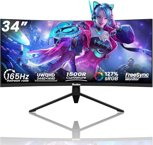 Sealan 34 Inch Curved Gaming Monitor 165Hz,3440x1440 21:9 UWQHD, 1ms(MPRT),1500R, PIP/PBP, HDR, 127% sRGB,300nits, FreeSync, HDMI2.0(TMDS) x2,DP1.4 x2, Eye Care, VESA(100 * 100mm) ﻿