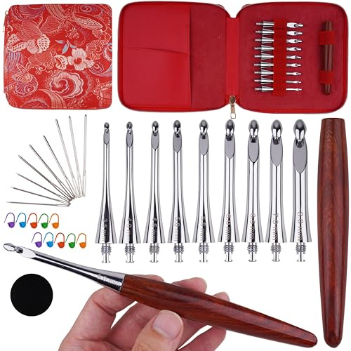 Austauschbares ergonomisches Häkelnadel-Set, Inline-Anfänger-Häkelnadel-Set, glatter Griff, Holzgriff mit rotem Etui für arthritische Hände, 9 Größen, 3,5 mm - 8 mm | Leichtes Häkelnadel-Set, glatter Metallhaken, Häkelnadeln für arthritische Hände, Anfänger, 9 Größen, 3,5 mm - 8 mm, Set, Rot