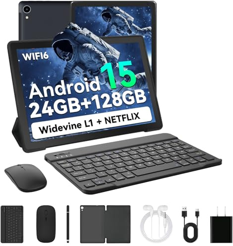 HiGrace 2025 Latest Upgraded Android 15 Tablet 10 Inch, 24GB+128GB+1TB Expand, WiFi 6 BT 5.4, Type-C Fast Charging, Dual Camera, Widevine L1 HD IPS Screen with Keyboard