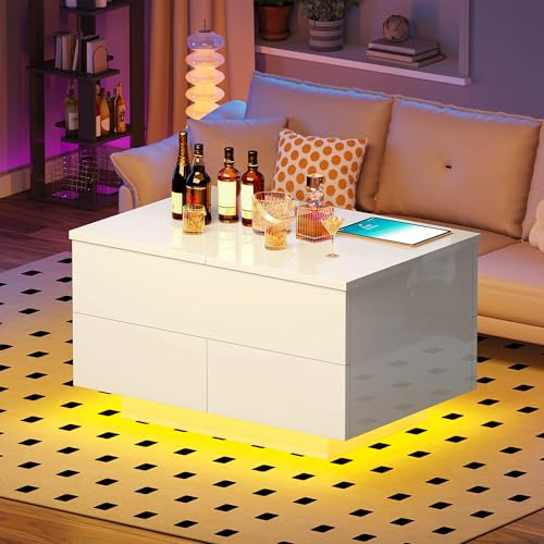 YITAHOME Couchtisch Höhenverstellbar mit 4 Schubladen, Wohnzimmertisch Hochglanz mit LED, Kaffeetisch mit Stauraum, Weiß, 80x55x46cm