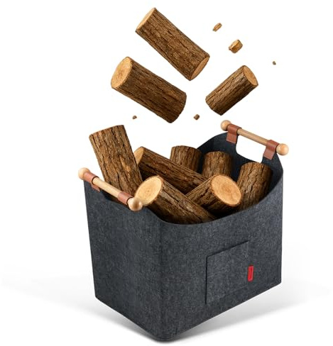 Siegvoll Holzkorb für Kaminholz aus Filz, großer Kaminholzkorb 45x32x40cm, faltbare Filztasche mit rutschfestem Griff für Aufbewahrung – robuster Brennholzkorb für Kamin – Geschenke zu Weihnachten