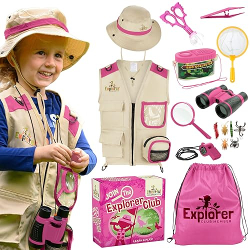 Cheerful Children Toys Kids Explorer Kit with Extra Sturdy Accessories for 3-7 Year Old, Bug Hunting Kit Explorer Costume Zoo Keeper Vest & Hat for Boys/Girls, Outdoor Safari Nature STEM Educational