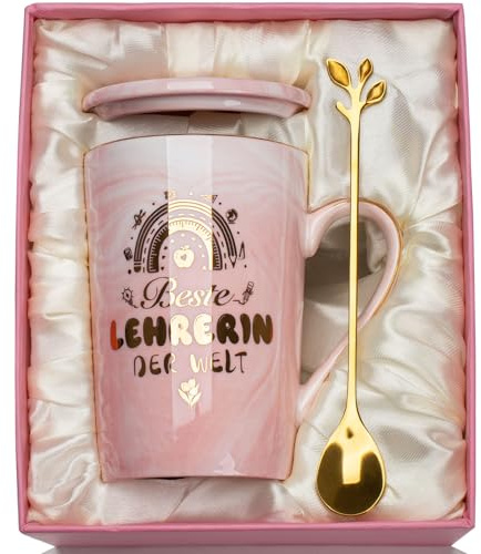Abschiedsgeschenk Lehrerin, Lehrerin Geschenk Tasse, Abschiedsgeschenk Erzieherin, Marmor Keramiktasse, Beste Lehrerin Geschenke für Lehrerinnen, mit Goldaufdruck, Deckel, Löffel, Geschenkbox