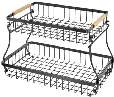 F Fityle 2 Tiered Fruit Basket Vegetable Rack Onion Garlic Storage Large Capacity Kitchen Countertop Organizer Veggie Holder Stand, Black
