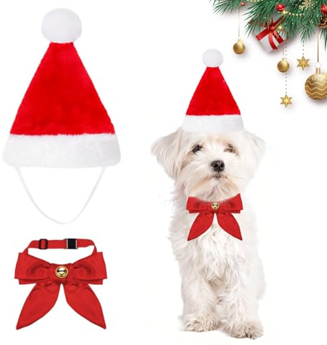 Hunde Weihnachtskostüm,Weihnachtskostüm Hund,Weihnachten Hundekostüm,2-Teiliges Set Mit Weihnachtsmütze Und Schleife,Festliches Haustier Outfit Für Kleine Bis Mittelgroße Hunde Und Katzen