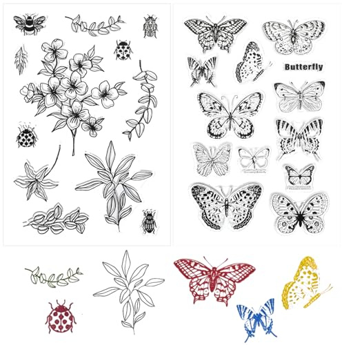 2Pcs Butterfly Stamps for Card Making, Clear Butterfly Stamp Scrapbooking Supplies, Bee Flower Ladybugs Silicone Stamps for Crafting Photo Album Decor (6.3 x 4.3inch)