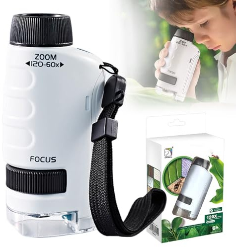 Microscope Enfant Portable, 60x - 120x Microscope de Poche Éclairé par LED pour Enfants Adultes avec Échantillon Jouet Scientifique Éducatif pour Cadeaux de Noël (Blanc)