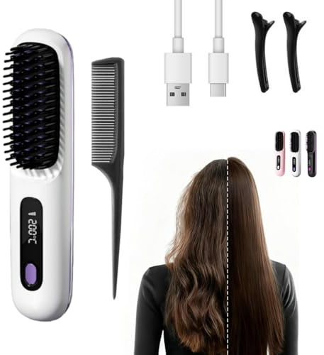 clinora Die ERSTE intelligente Syling-Bürste für kurzes Haar，Kabellose Glättbürste mit LED-Anzeige, 3 Temperaturstufen tragbare, wiederaufladbare Bürste Für Glätten und Locken