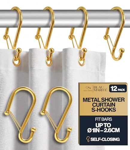 Blau Marité 12 Ganchos Metálicos Cortina de Ducha en Forma de S con Sistema Anticaída, Anillas para Ducha con Hebilla de Seguridad, Compatibles con Barras de Hasta 2,6 cm de Diámetro - Oro Amarillo