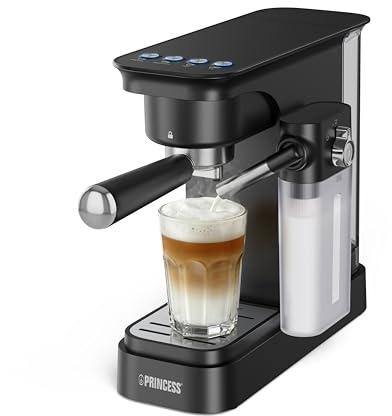 Princess Cafetera Espresso con Depósito de Leche, Bomba de 20 Bares, Depósito de Agua de 0,8 L, Preparación Simultánea de 2 Tazas, Bandeja Extraíble, Apagado Automático, 01.249422.01.001