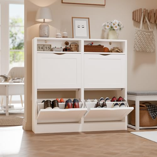 ELUCHANG Schuhschrank schmal mit 4 Klappen / 8 Ablagen, Platzsparender Schuhkipper Schuhkommode, Geschlossen Schuhregal, Shoe Cabinet Flurschrank für Diele/Flur/Garderobe, Weiß