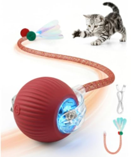RZPTL Jouet Balle Interactifs pour Chats, Rouge Balle Électrique avec Queue | Cat Toys Pour Chats D’intérieur, Balle Automatique 3 Modes, Recharge Type-C, Jeu Interactif Pour Chatons Et Chats Adultes