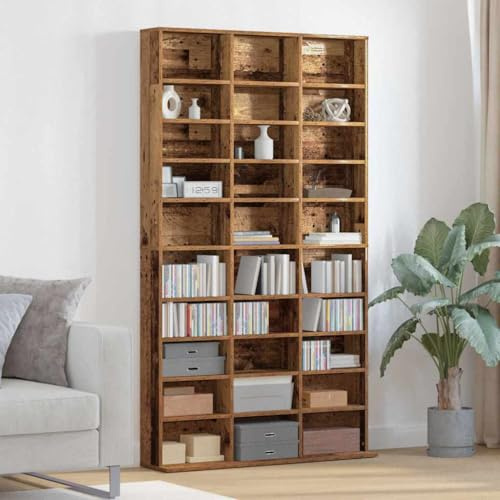 Ordellia CD-hylla av trämaterial i gammalt träutseende, 101 x 23 x 177,5 cm med 30 hyllor för CD, DVD, LP-skiva, mediaförvaring i vardagsrummet, hemmabio, kontor, ordning, förråd
