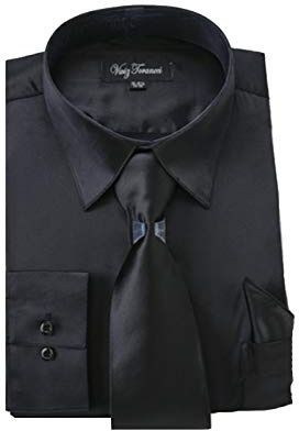 Milano Moda Satin Classic Dress Shirts with Tie & Hankie SG08-Black-16-16 1/2-34-35