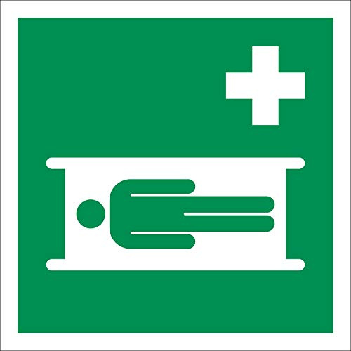Schild Krankentrage Rettungszeichen nachleuchtend ASR A1.3 150 x 150 mm | 3 mm Alu-Verbund mit nachleuchtender Folie, langnachleuchtend nach ASR A1.3, wetterfest, Made in Germany