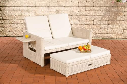 CLP Polyrattan 2er-Loungesofa Ancona 5mm I Rundrattan Garten-Sofa Mit Ausziehbarem Fußteil Und Verstellbarer Rückenlehne I, Farbe:perlweiß, Polsterfarbe:Cremeweiß