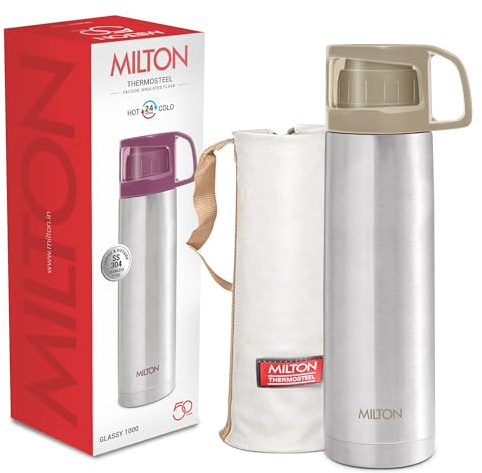 Milton Flask 1 Litre (34 oz) Insulated Water Bottle, Stainless Steel Double-Walled Vacuum Insulated with Cup & Cover, Keeps Drinks Hot & Cold for 24 Hours, Leak-Proof – Glassy Grey