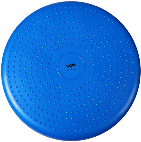 JFIT Inflatable Balance and Stability Disc - Large Yoga Wobble Cushion Trainer with Pump - Core Fitness and Workout Equipment Discs for Home - Office Chair, Ankle Strength Training and Dog or Pet Activity, Blue, 13-Inch