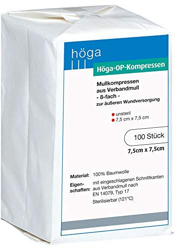 Höga-OP Kompressen,Mullkompressen aus Verbandmull - 7,5 x 7,5 cm - á 100 Stück, unsteril, DIN EN 14079-VM, 2er-Pack (2 x 1 Stück)