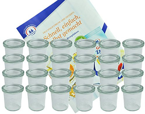 MamboCat 24er Set Weckgläser Sturzglas mit Deckel 140 ml I Original Weck Sturzglas Dessertglas I Einweckgläser mit Deckel für Kuchen Gelees UVM I inkl. Diamant-Zucker Gelierzauber Rezeptheft