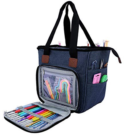 SumDirect Wolle Tasche für Garn, Tasche Stricken, Handarbeit stasche Aufbewahrung für Wolle, Projekte, Stricknadeln, Häkelnadeln und andere Zubehörs, Blau