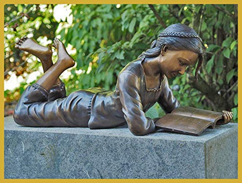 IDYL Bronze-Skulptur Lesendes Mädchen | 30x30x72 cm | Kinderfigur aus Bronze handgefertigt | Gartenskulptur oder Wohnbereich-Dekoration | Hochwertiges Kunsthandwerk | Wetterfest