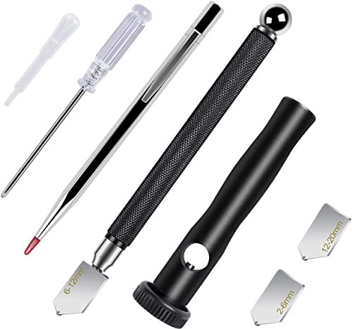 Kalawen Kit Tagliavetro Professionale Diamante 7 Pezzi Tagliarini Utensile a Mano Taglio Coltello in Lega per Vetro Specchio Piastrelle per Spessore 2-20mm