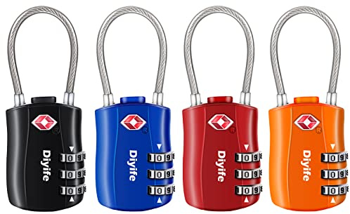 Diyife Serrures à Bagages TSA 4 Pack, Cadenas de sécurité à 3 Chiffres, Noir Bleu Rouge Orange | Cadenas Code Valise à 3 Chiffres, Mini Cadenas Sac à Dos, Câble Flexible pour Bagages, Les Valises de Voyage, Sac de Bagages