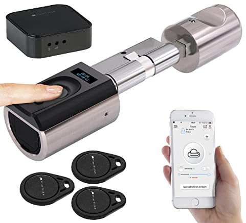 VisorTech Fingerabdruck Türschloss: Elektronischer Tür-Schließzylinder mit WLAN-Gateway, Fingerscan, App (Fingerprint Türschloss, Schloss Fingerprint, Elektronisches)