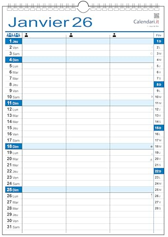 Calendrier 2026 familial mural organisateur familial - 30 x 42 cm - Format A3 (3 colonnes)