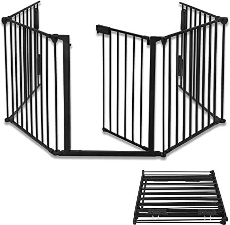 Froadp 75x60cm Kaminschutzgitter mit Tür 5tlg Welpenauslauf Laufgitter Klappbare Kinderschutzgitter 300cm Türschutzgitter Baby Schutzgitter Metall Ofenschutzgitter Kinder-Sicherung Absperrgitter