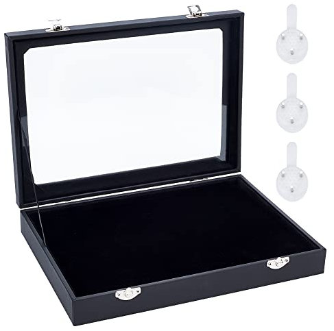 NBEADS Samt Anstecknadel Vitrine, Schwarz Holz Präsentationsboxen Mit Glasfenster Samt Pin Schattenbox Für Münzvitrine Medaillen Pins Abzeichen Anzeige Und Aufbewahrung, 28x20x4.85 cm