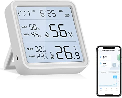 eMylo Bluetooth Hygrometer Innen Raumthermometer Digital mit Smart APP LCD Luftfeuchtigkeitsmesser mit Smiley-Indikator für Innenraum, Baby, Weinkeller, Gewächshaus